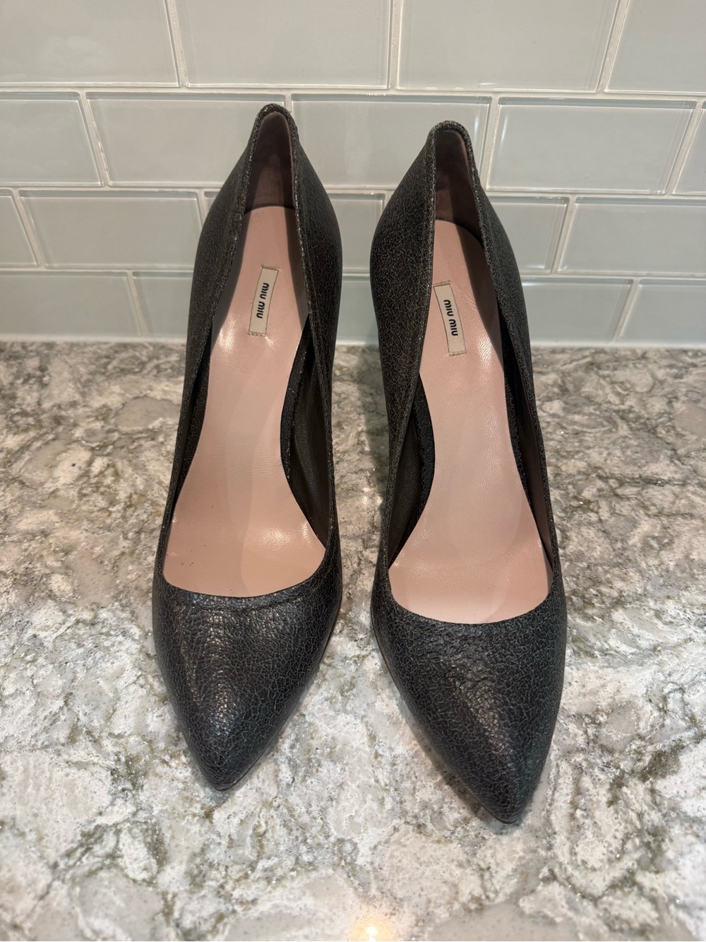 Miu Miu Black Textured Pointed-Toe Pumps